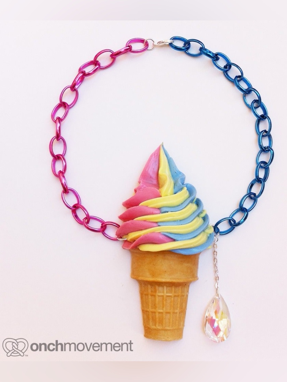 Onch Movement Rainbow Swirl Giant Ice Cream Cone Necklace RARE